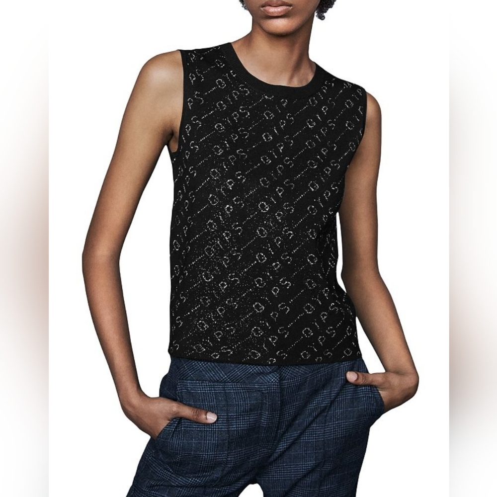 NWT Maje "Mypsa Knit Shell" Sleeveless Tank Black Silver Glitter, Women's Size 2